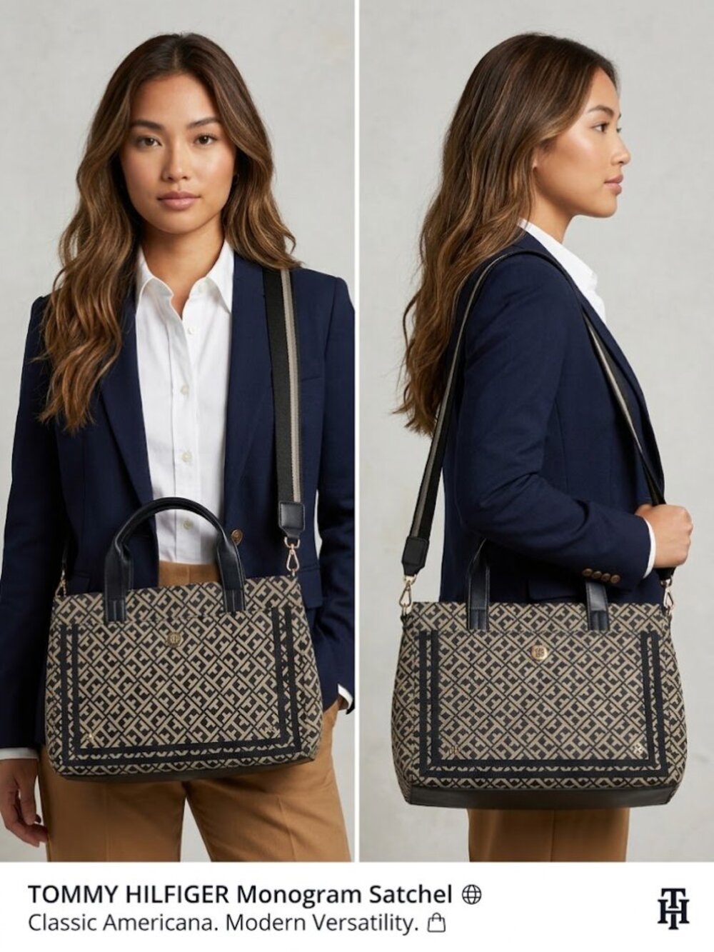 Tommy Hilfiger Monogram Jacquard Satchel Crossbody Bag Black Beige NEW
